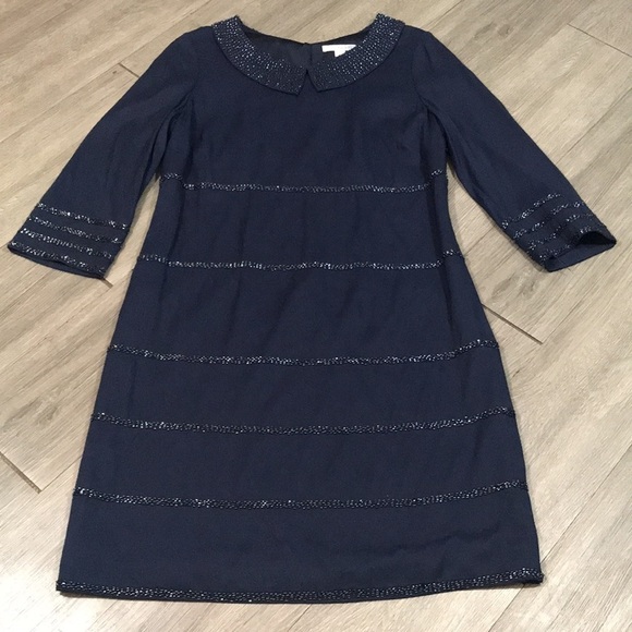 Boden Navy Blue Beaded 3/4 Sleeve Peter Pan Collar Cocktail Dress size 6 - Picture 6 of 14